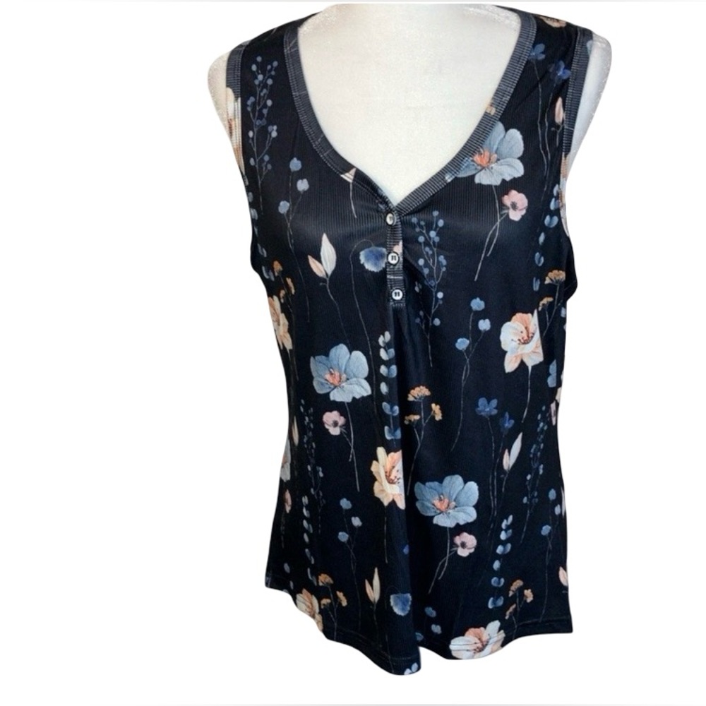 Floral Sleeveless Summer Top Black Blue Peach Pullover XXL See Measure NWOT
